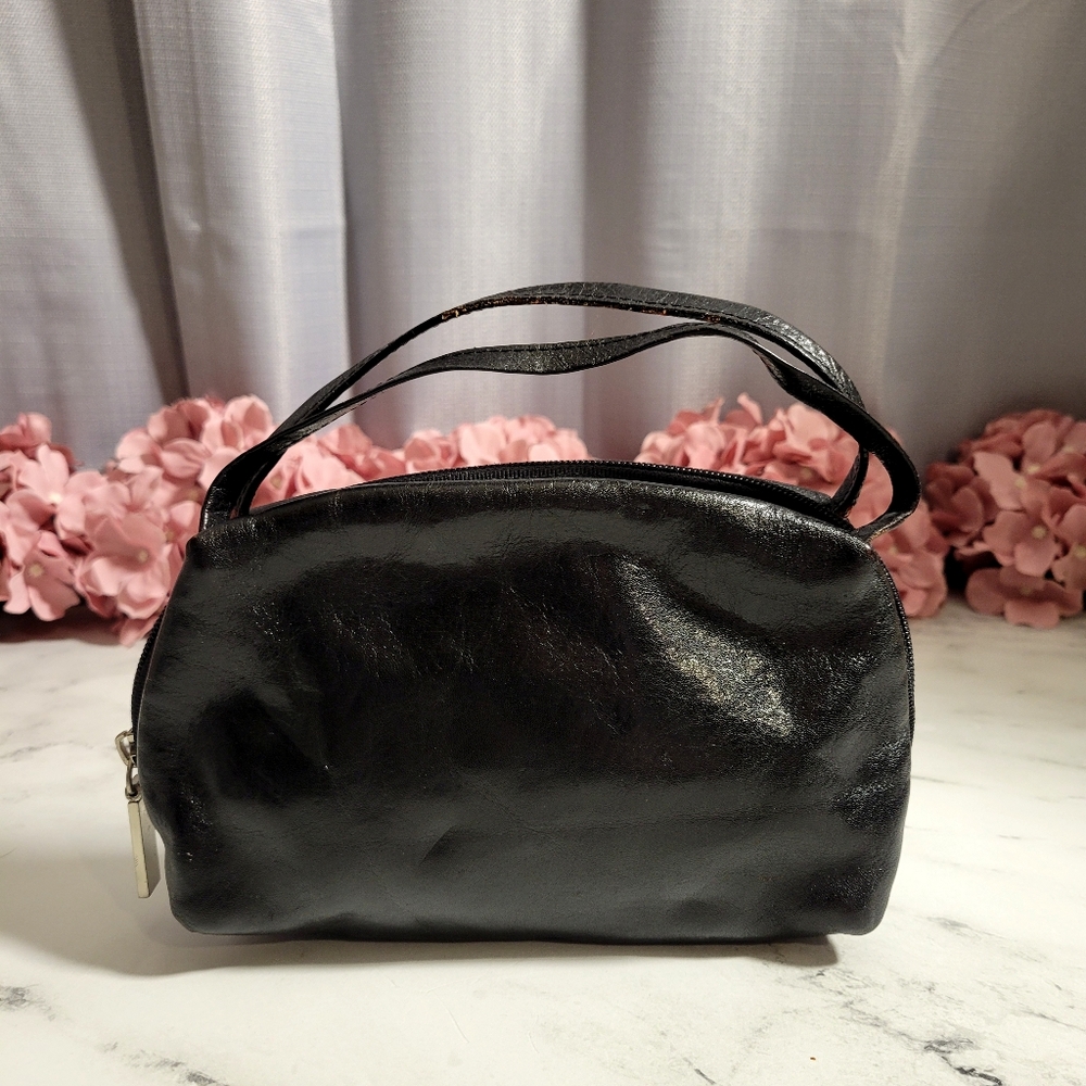 HOBO Int'l Vintage Small Shiny Black Leather Handbag With Red Lining